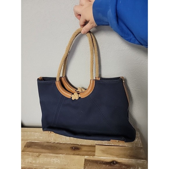 MICHAEL KORS Margaret MK Ring Large Designer Canvas Shoulder Tote Bag Navy Blue - Picture 1 of 14